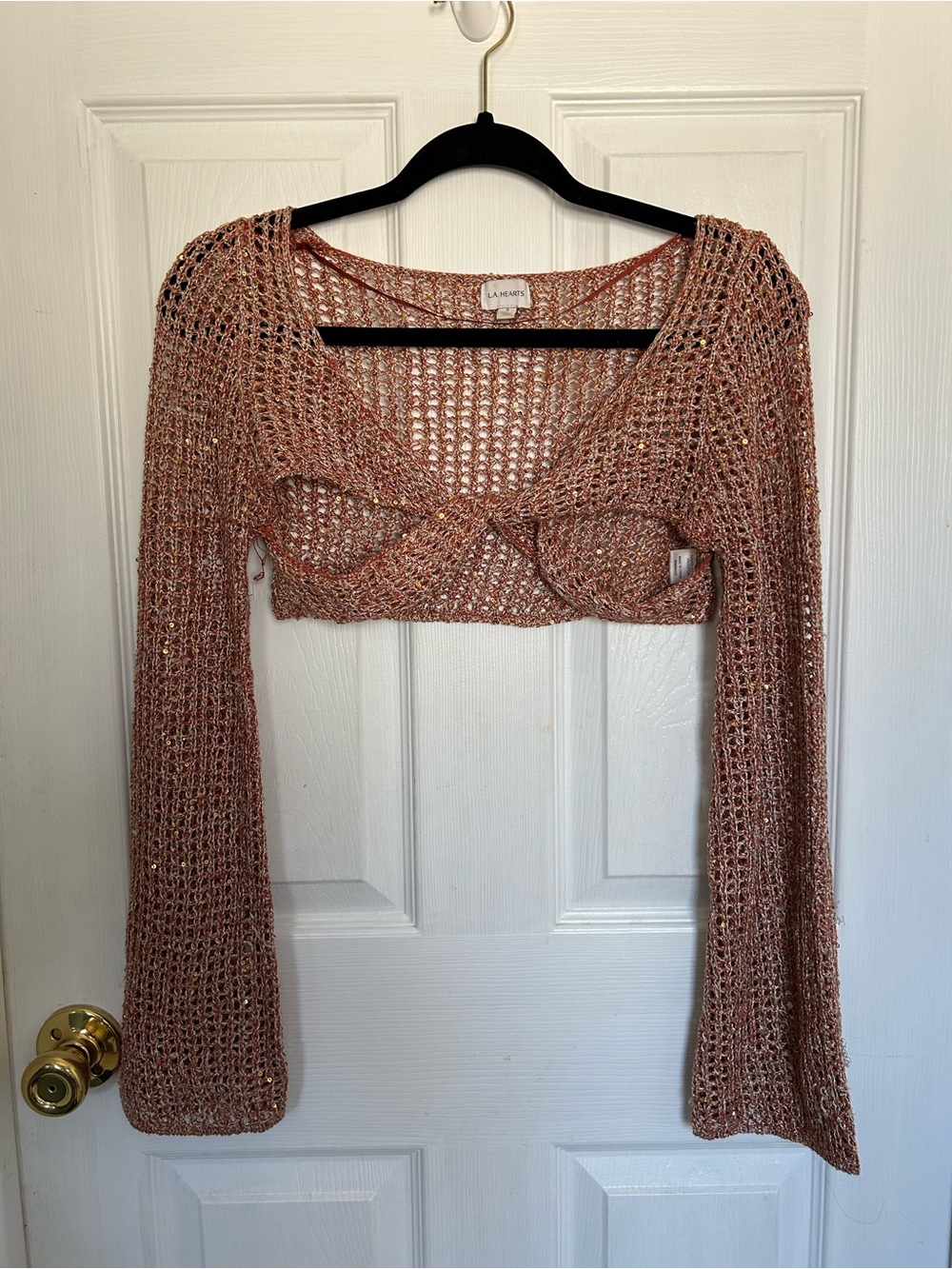 LA Hearts Burnt Orange Crochet Shrug Top